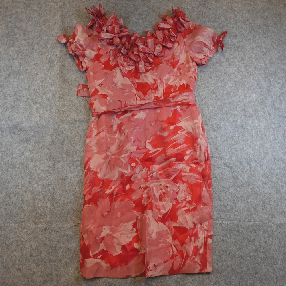 Carolina‎ Herrera Dress Women 10 Red Silk Floral Ruffle Bow Neckline Belted